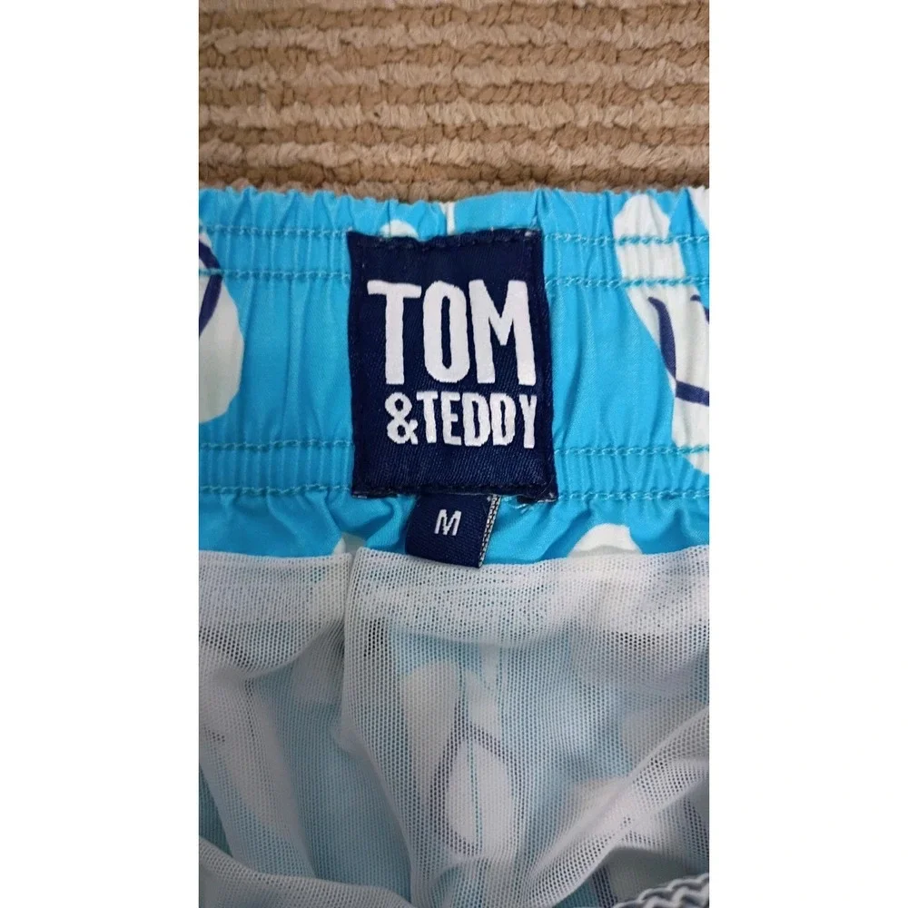 TOM & TEDDY men's flip flop print swim trunks shorts - Scuba Blue Sz M